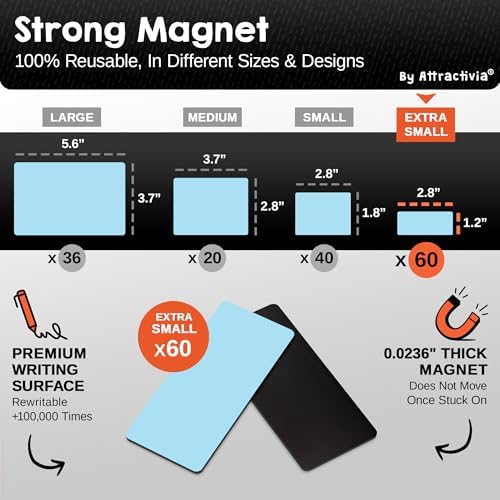 Attractivia Dry Erase Magnetic Labels 2.8 x 1.2 in, Solid Colors, Dry Erase Magnets, 60-Pack, Colored Erasable Write-On All-Purpose Labels, for Office, Education, Home, Whiteboard