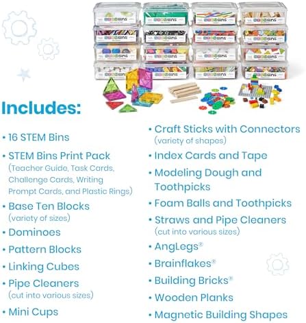 hand2mind STEM Bins Comprehensive Set by Brooke Brown, STEM Bins for Classroom, STEM Manipulatives for Elementary, STEM Activities, Kids Engineering Building Kits, Science Teacher Supplies (Set of 16)