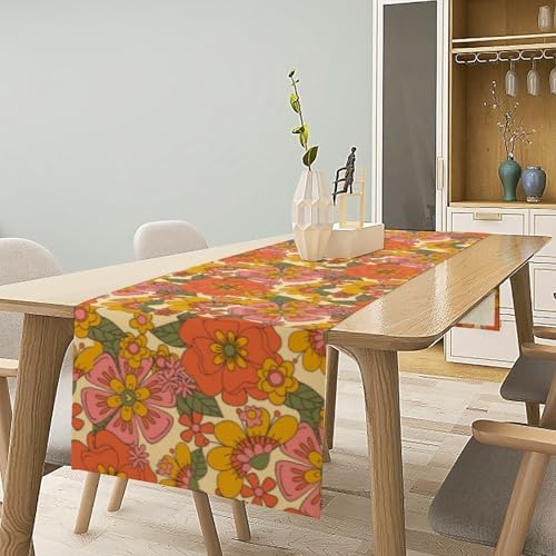 Retro 70s Floral Table Runner Hippie Daisy Flower Peace Love Birthday Party Retro Kitchen Dinning Home Decoration 13x90 Inch