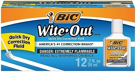 BIC Wite-Out Quick Dry Correction Fluid (pack of 12) | Quick Drying Formula for Fast Corrections, 12-Count Pack, Foam Brush for Precise Application, Reduced Dry Time