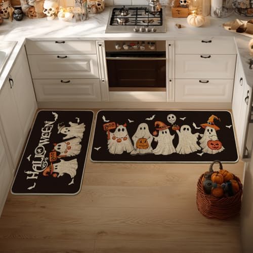Artoid Mode Ghost Bat Black Halloween Kitchen Mats Set of 2-24x35+24x59