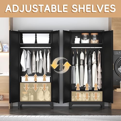 Steeloong 71"Armoire Wardrobe Close,Black Wardrobe Cabinet with Hanging Rod