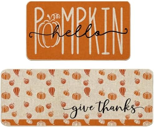 Baccessor Fall Kitchen Rugs Set of 2, Pumpkin Kitchen Mats for Floor Low-Profile Autumn Thanksgiving Home Kitchen Decor 17x29 and 17x47 Inch
