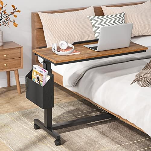 Tribesigns Height Adjustable C Shaped End Table with Wheels, Tilting Laptop Table with Side Pocket for Couch, Bed and Recliner, Walnut Brown