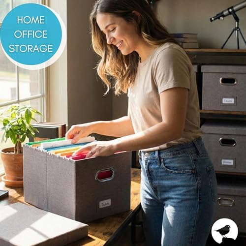 Internet's Best Collapsible File Box Storage Organizer with Lid - Decorative Linen Filing & Storage Office Boxes – Hanging Letter/Legal Folder – Home Office Bins Cabinet – Grey Container - 1 Pack