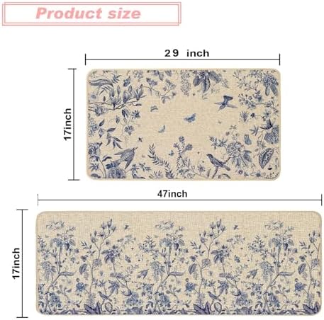 Baccessor Blue Floral Kitchen Mats Set of 2,Summer Kitchen Rugs for Floor Monochrome Sketch Non Slip Low-Profile Seasonal Summer Home Decor 17x29 and 17x47 Inch