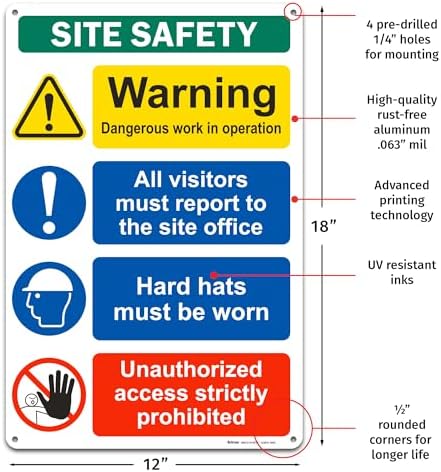 BRIMAR 12 X 18 in Construction Site Safety Sign, Bold Text, Easy Install