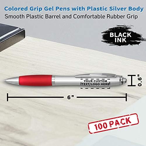 DISCOUNT PROMOS Custom Colored Grip Gel Pens Set of 100, Personalized Bulk Pack - Great for Office, School, Business, Tradeshows, Events - Red