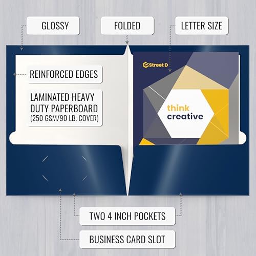 Better Office Products 2 Pocket Glossy Laminated Navy Blue Paper Folders, Box of 25, Letter Size, Dark Blue Paper Portfolios 25 Pack