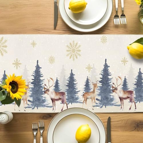 Christmas Table Runner Dresser Scarf 13 x 72 Inch Vintage PineTree Forest Elk Glod Snowflakes Linen Table Runners Non-Slip Heat Resistant Kitchen Dining Table Decor for Home Holidays Indoor Outdoor