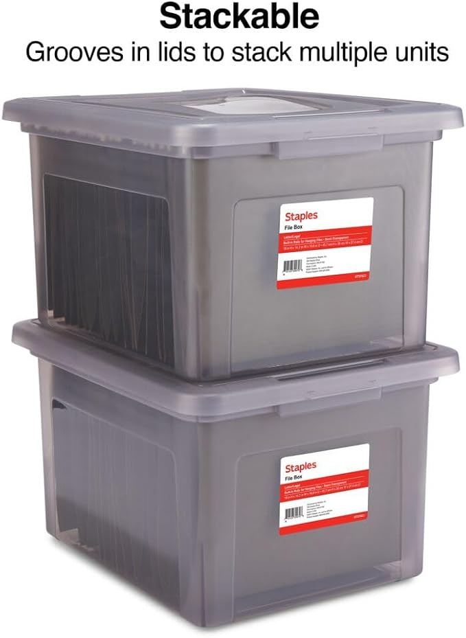 Staples Plastic File Box with Snap Lid, Letter/Legal, Frost Gray, 2-Pk | Stackable storage box keeps hanging files organized and protected.