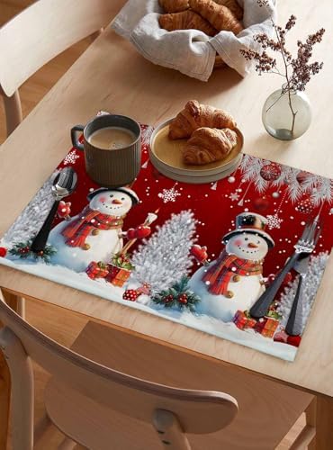 Christmas Red Placemats Set of 6, Cotton Linen Snowflake Cute Snowman Table Mats Non-Slip Washable Xmas Tree Red Christmas Balls Ornaments Placemat for Xmas Dining Kitchen Table Decor