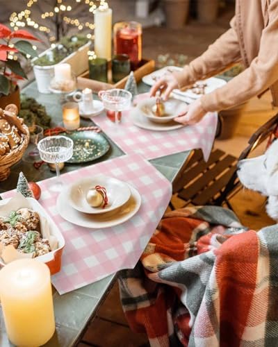 Christmas Placemats Set of 4, Rustic Pink White Buffalo Check Plaid Pattern Heat Resistant Washable Table Place Mats Farmhouse Cotton Table Linens Party Holiday Decor For Kitchen Dining Outdoor Indoor