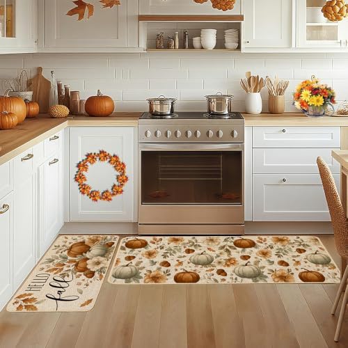 Baccessor Fall Floral Pumpkin Kitchen Rugs Set of 2,Thanksgiving Day Autumn Acorn Farmhouse Mats Washable Non Slip Low-Profile Indoor Floor Holiday Hallway Laundry Sink Decor 17x29 and 17x47 Inch