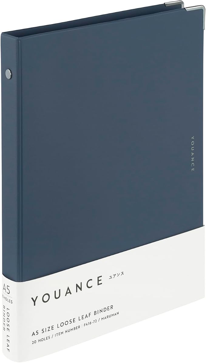 Maruman YOUANCE 20-Ring Binder, Holds 70 Sheets, A5 5.83"x8.27", Navy | Durable Vinyl Cover, Storage Pocket, Includes 10 3mm Graph Paper Sheets & Clear Sheet Protector, Made in Japan