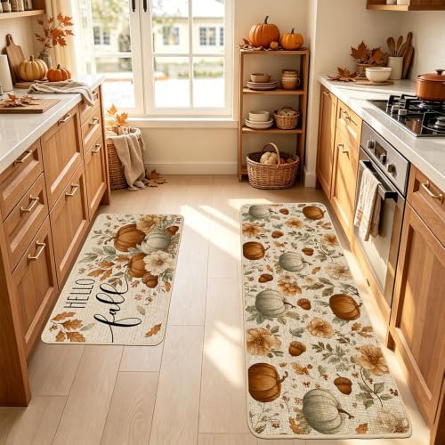 Baccessor Fall Floral Pumpkin Kitchen Rugs Set of 2,Thanksgiving Day Autumn Acorn Farmhouse Mats Washable Non Slip Low-Profile Indoor Floor Holiday Hallway Laundry Sink Decor 17x29 and 17x47 Inch