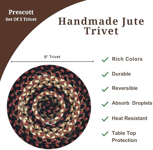 Homespice Prescott Braided Trivets Ideal as Hot Pads, Round 8" Set of 3