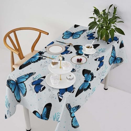 Blue Flying Butterfly Tablecloth, Vintage Celestial Butterfly Herbs Leaves Flower Print Table Cloth for Farmhouse Kitchen Party Picnic Dinner Decor 55x75in