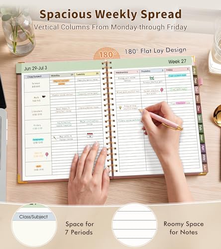 Teacher Planner 2026-2027, July 2026 - June 2027, Academic Weekly & Monthly Calendar Planner with Tabs, 8.5" x 11" A4 Teacher Lesson Plan Book with 7 Periods, Daily Agenda School Organizer for Teacher Student Homeschool, Pink