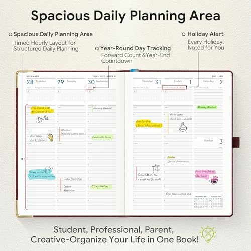 Planner 2026-2027 Weekly & Monthly Planner with Hourly Time Slots, 18 Month Academic Calendar July 2026 – Dec 2027, Vertical Layout, Monthly Tabs, Hardcover Business Agenda, Burgundy