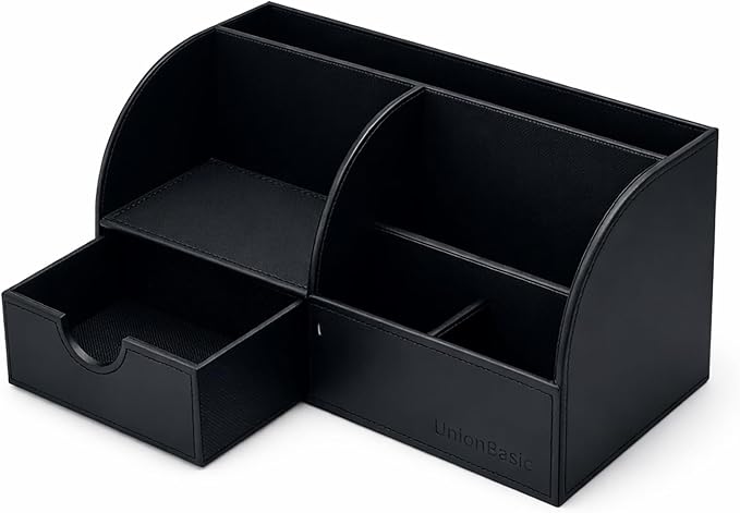 UnionBasic Desk Organizer - Multifunctional Leather Desktop Pen Holder Storage Box - Business Card/Pen/Pencil/Mobile Phone/Stationery Holder, Black