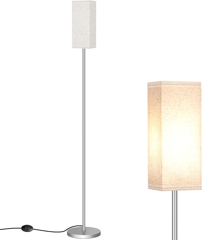 64.6'' Floor Lamp, Pole with Foot Switch, Modern Standing Lamp Lamp, Minimalist Freestanding Lamp (Bulb Not Included), for Living Room, Bedroom Office ETL Listed, Silver and Beige, SE07LD05