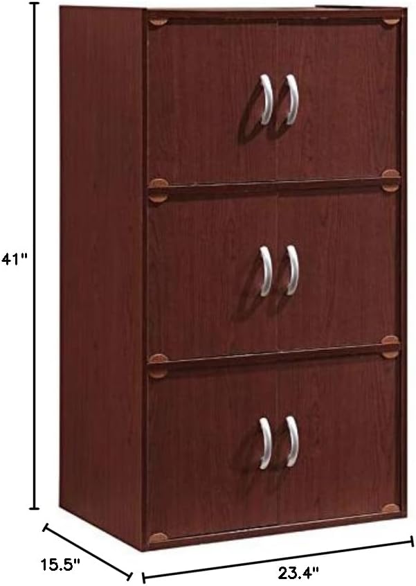 Pemberly Row 3-Shelf 6-Door Wood Bookcase, Mahogany Finish, 41" H x 23.40" W x 15.5" D, Slim Versatile Design, Multi-Purpose for Office, Bedroom, Kids Room, Kitchen or Entryway Storage