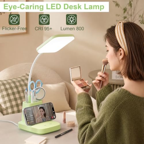LED Desk Lamp with 10W Wireless Charging & Pen Holder, Light Green