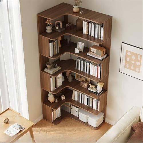 Vertical L-Shape Storage with Open Back 6 Shelves Corner Bookshelf Wood Floor Rack Student Integrated Wall Bookcase Corner Cabinet Multi-layer Storage Cabinet Dark Walnut 24"L x 35"W x 75"H