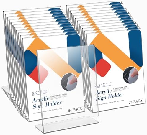 Relx Acrylic Sign Holder 8.5 x 11, Slant Back Display Stand, Clear Frames Plastic Sign Holder for Store, Restaurant (24 Pack)
