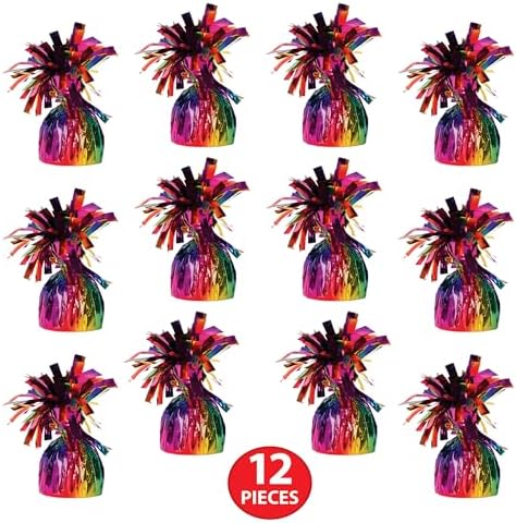 Beistle 12 Count Rainbow Metallic Plastic Wrapped Balloon Weights for Birthday Parties, Colorful Celebrations and Pride Events, Table Decorations for Any Theme, 6 Oz