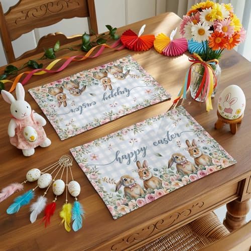 Rabbits Flowers Easter Placemats Set of 6, Eucalyptus Leaf Spring Heat Resistant Washable Dining Table Mats Grey White Buffalo Plaid Farmhouse Holiday Decor for Kitchen&Table Linens Outdoor Indoor