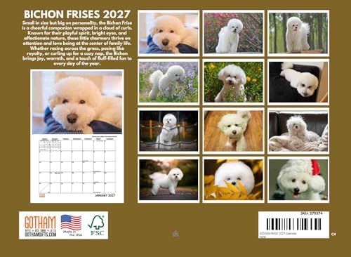 Bichon Frise Calendar 2027 Monthly Wall Calender 12 Month