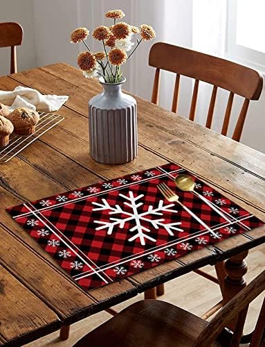 White Christmas Snowflake Placemats Set of 4, Red Black Buffalo Plaid Check Cotton Line Stain Resistant Table Mats Washable Holidays Placemat Decoration For Kitchen Dining Table Rustic Farmhouse
