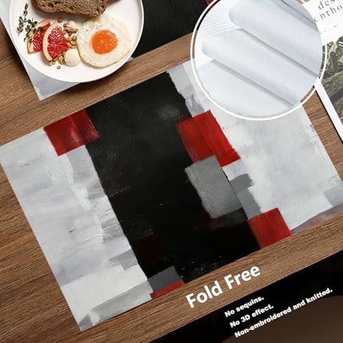 Batmerry Grey Modern Modern Art Linen Placemats Set of 8, Red Art Plaid Washable Table Mats for Kitchen Table Thickened Heat Insulation Dining Set Indoor Outdoor 12X18 in
