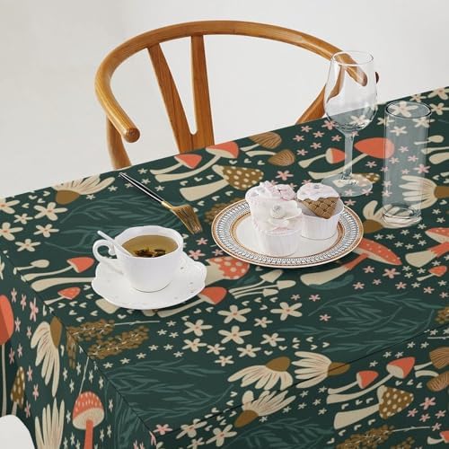 Mushroom Table Cloth, Vintage Woodland Summer Flowers Plants Forest Botanical Leaves Table Cover for Farmhouse Kitchen Dining Room Table Decor 60x110in