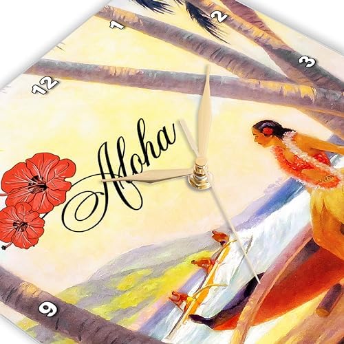 3dRose Wall Clock Silent - 10 inch - Aloha Vintage Painting Repainted Hawaiian Female Tropical Setting - Tropical
