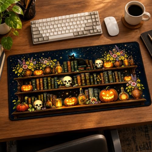 Pumpkin Bookshelf Large Mouse Pad, Black Cat Skull Desk Mat, 31.5"x15.75"