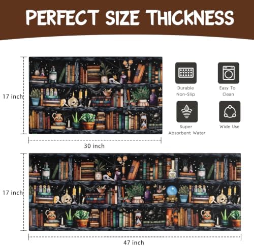 Witches Bookshelf Halloween Kitchen Rugs and Mats Set of 2, (17"x47"+17"x30") Gothic Cute Spooky Season Skulls Black Cat Potions Non Skid Washable Runner Rug for Home Decor Decorations and Accessories