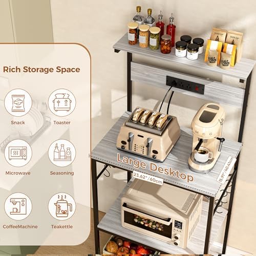 VUSIGN Kitchen Bakers Rack with Power Outlet, 4 Tiers Microwave Stand with Storage, 23.6 Inch Coffee Bar Station with 6 S Hooks, Adjustable Shelf Rack for Pots/Pans/Spices, Gray