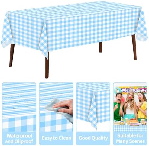 CXPSINC 54 Inch X 300 Feet Plastic Table Cover Roll Disposable Tablecloth with Slide Cutter for All Type/Shape Tables | Party, Banquet, Birthdays, Weddings(Light Blue Checkered, 300 Feet)