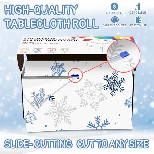 CXPSINC 54 Inch X 300 Feet Plastic Table Cover Roll Disposable Tablecloth with Slide Cutter for All Type/Shape Tables | Party, Banquet, Birthdays, Weddings(Christmas Blue Snowflake, 300 Feet)