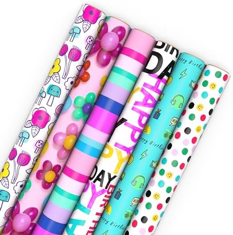 Hallmark Birthday Wrapping Paper Rolls, 6 Rolls (Flowers, Stripes, Dots)