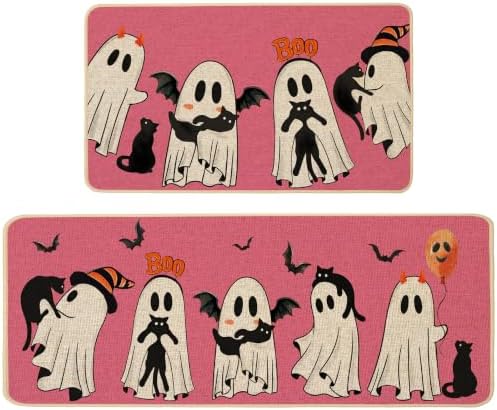 Baccessor Halloween Kitchen Rugs Set of 2, Pink Ghost Boo Black Cat Kitchen Mats for Floor Washable Low-Profile Farmhouse Spooky Holiday Home Indoor Outdoor Decor 17x29 and 17x47 Inch