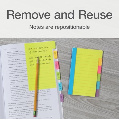 Redi-Tag Divider Sticky Notes, Tabbed Self-Stick Lined Note Pad, 60 Ruled Notes, 4 x 6 Inches, Assorted Neon Colors (29500)