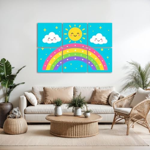 6 Pack Art Acoustic Panels Sound Absorbing Cute Rainbow Smiling Sun Clouds Stars Blue Decorative Soundproof Wall Panels Self Adhesive for Home Recording Studios 72"x48"