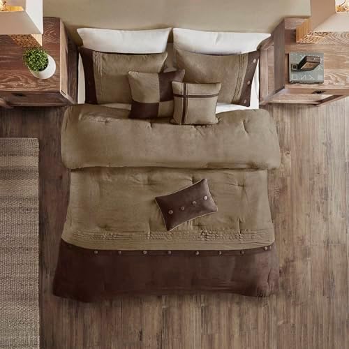 Madison Park Faux Suede Queen Comforter Set with Bed Skirt, Brown 7pc