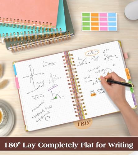 5 Subject Dotted Notebook with Removable Dividers Tabs, 300 Pages Hardcover Leather Dot Grid Spiral Journal, 8"x10" B5 Large Bullet Notebooks for Women Men Work School College Maths Sketching, Pink