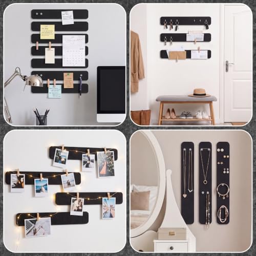 Thboxes 8 Pack Felt Bulletin Board Strips, 13x2 Inch Self Adhesive Felt Pin Boards with 50 Pushpins and 10 Wooden Clips Push Pins, Cork Board for Walls Home Office Decor(Black)