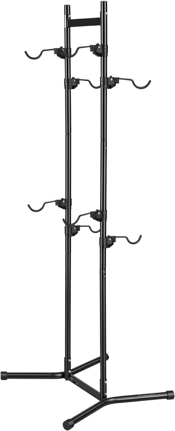 VEVOR Bike Stand for 4 Bikes, Freestanding Vertical Bike Storage Rack, with Height-Adjustable Hooks, Heavy-Duty Carbon Steel Garage Bicycle Floor Stand, Ideal for Garage, Apartment, Home, Black